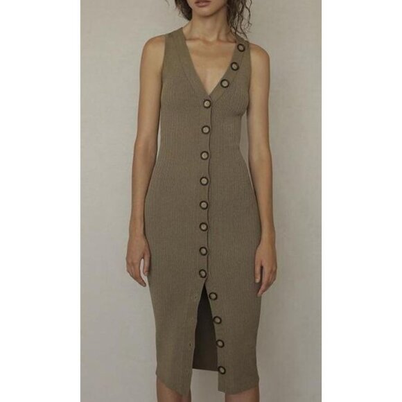 Ronny Kobo Elanna Button Front Midi Bodycon Dress Khaki Brown Size Large - Picture 2 of 9